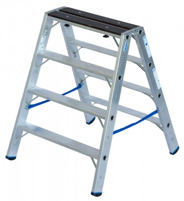 Stabilo Professional Stufen-DoppelLeiter mit Holzauflage - Alu - Arbeitshöhe 2.45 m - 2 x 4 Stufen