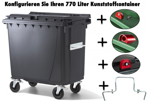 770 Liter Standard Kunststoffcontainer mit Verschlusssystem Ihrer Wahl und/oder Fusspedal