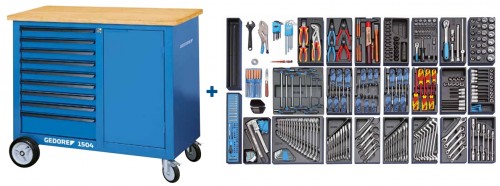 GEDORE 1504 EU Rollwerkbank mit 9 Schubladen und 325-tlg. Werkzeugsortiment - blau