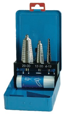 DÄMO Stufenbohrer-Satz HSS-Präzisions-Qualität Ø 4-30 mm mit Skala, Stufung 1 & 2 mm in Metall-Kassette