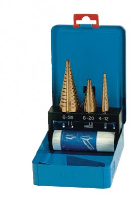 DÄMO Stufenbohrer-Satz HSS-TiN Gold-Qualität Ø 4-30 mm mit Skala, Stufung 1 & 2 mm in Metall-Kassette