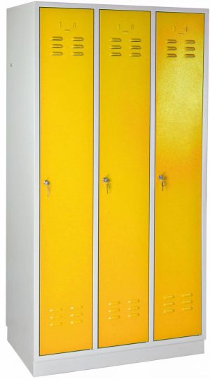 METEC Spind mit Sockel, 3 Abteile, HxBxT 1775x890x500mm Lichtgrau/Gelb