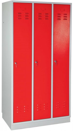 METEC Spind mit Sockel, 3 Abteile, HxBxT 1775x890x500mm Lichtgrau/Feuerrot