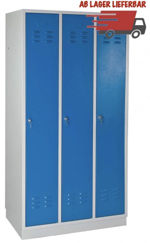 METEC Spind mit Sockel, 3 Abteile, HxBxT 1775x890x500mm Lichtgrau/Lichtblau