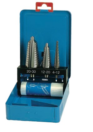 DÄMO Stufenbohrer-Satz HSS-Spitzen-Qualität Ø 4-30 mm, Stufung 1 mm in Metall-Kassette