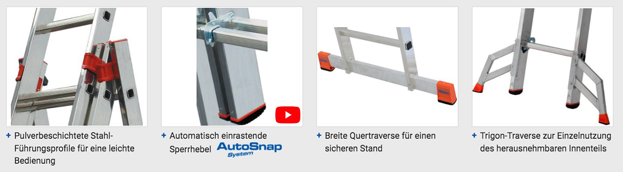 Monto® Tribilo® Sprossen-VielzweckLeiter, dreiteilig - Alu - Arbeitshöhen 4.40 m bis 9.30 m - 3 x 12 Sprossen – Bild 5