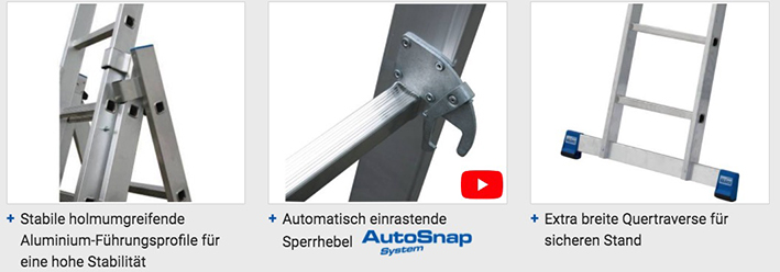 Stabilo Sprossen-VielzweckLeiter, treppengängig, dreiteilig - Alu - Arbeitshöhen 3.35 m bis 6.05 m - 3 x 8 Sprossen – Bild 7