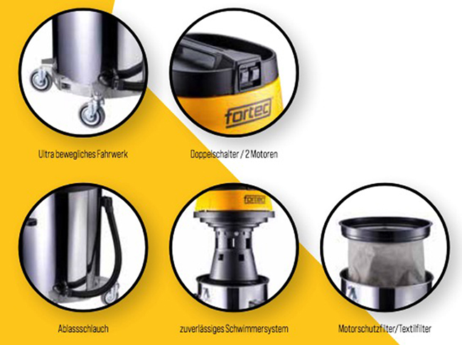 fortec WD/80.2I Industriesauger Nass/Trocken - Chromstahl - 2 Motoren - Luftleistung 100 l/s - Saugleistung 190 mbar - Leistung 2 x 1150 W - 230 V – Bild 2