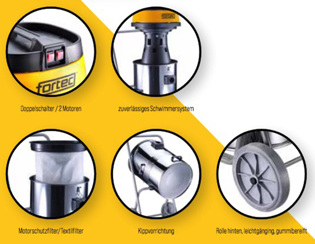 fortec WD/80.2I/KK Industriesauger Nass/Trocken - Chromstahl - 2 Motoren - Luftleistung 100 l/s - Saugleistung 190 mbar - Leistung 2 x 1150 W - 230 V – Bild 2