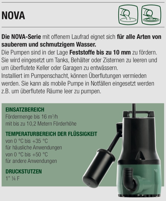 DAB Nova 600 MNA Schmutzwasser Tauchmotorpumpe ohne Schwimmschalter - 15'000 l/h - Fh 10.4 m - 1.04 bar - 0.66 kW - 1 x 230 V – Bild 4