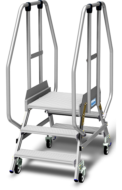 Stabilo® PodestLeiter fahrbar - beidseitig begehbar - Plattformgeländer 1.10 m - Fussleiste 15 cm - Arbeitshöhe 2.70 m - 2 x 3 Stufen