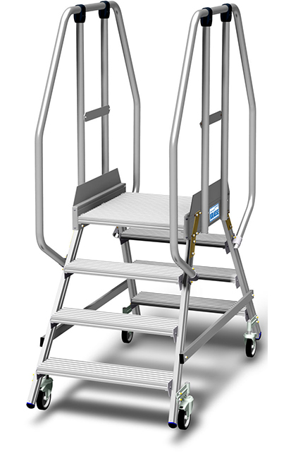 Stabilo® PodestLeiter fahrbar - beidseitig begehbar - Plattformgeländer 1.10 m - Fussleiste 15 cm - Arbeitshöhe 2.95 m - 2 x 4 Stufen