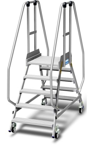 Stabilo® PodestLeiter fahrbar - beidseitig begehbar - Plattformgeländer 1.10 m - Fussleiste 15 cm - Arbeitshöhe 3.20 m - 2 x 5 Stufen