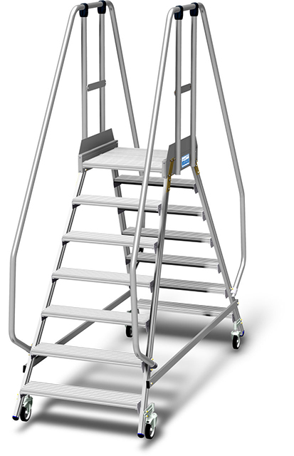 Stabilo® PodestLeiter fahrbar - beidseitig begehbar - Plattformgeländer 1.10 m - Fussleiste 15 cm - Arbeitshöhe 3.65 m - 2 x 7 Stufen
