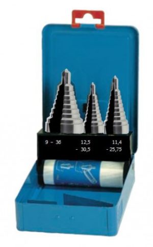 DÄMO Stufenbohrer-Satz HSS-Spitzen-Qualität Ø 9-36 mm in Metall-Kassette